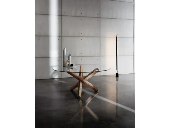 Tavolo rotondo in vetro con base in legno Aikido di Sovet