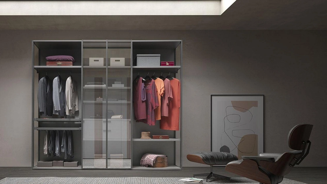 Armadio con ante battenti Comp 340 in vetro e nobilitato tessuto Grey di Mobilgam