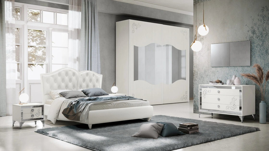 Gruppo Notte Fanny in frassino bianco con cornice in vetro Glitter e decoro di Adriatica