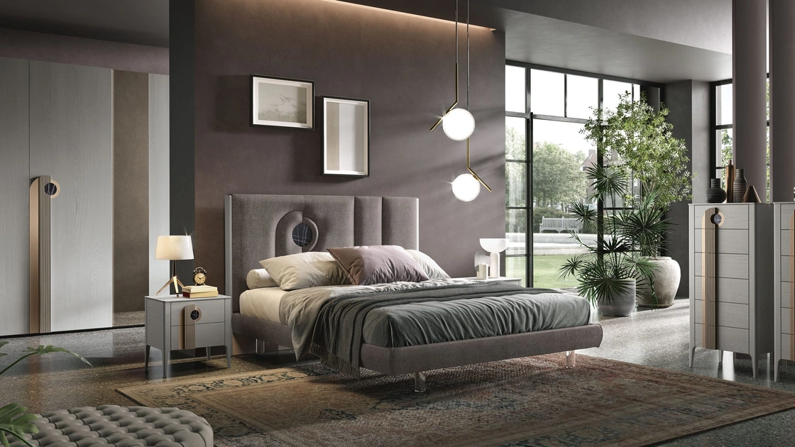 Gruppo Notte Mood in frassino con inserto in legno cannettato e in nobilitato effetto Marmo di Adriatica