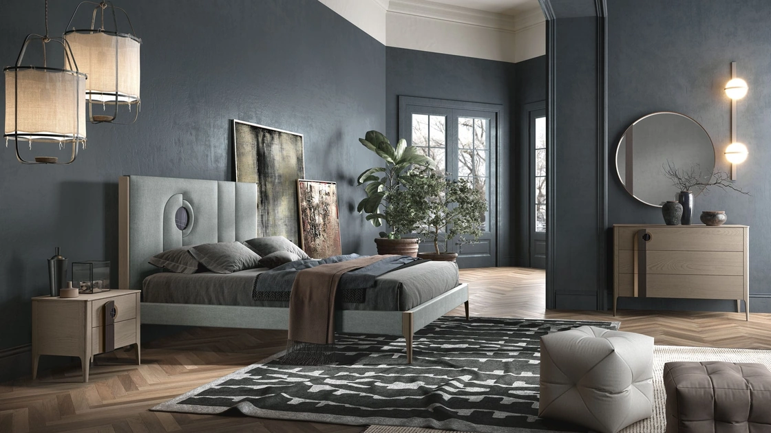 Gruppo Notte Mood in frassino con inserto in legno cannettato e in nobilitato effetto Marmo di Adriatica