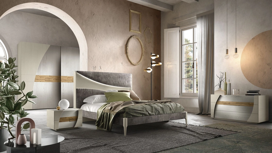 Letto in frassino con testiera con pannelli in ecopelle imbottita Reflex di Adriatica