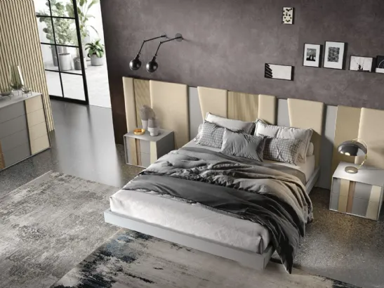 Letto con testiera importante in legno di frassino, legno cannettato e tessuto imbottito Ring di Adriatica