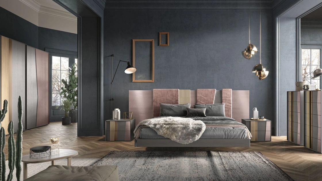 Letto con testiera importante in legno di frassino, legno cannettato e tessuto imbottito Ring di Adriatica