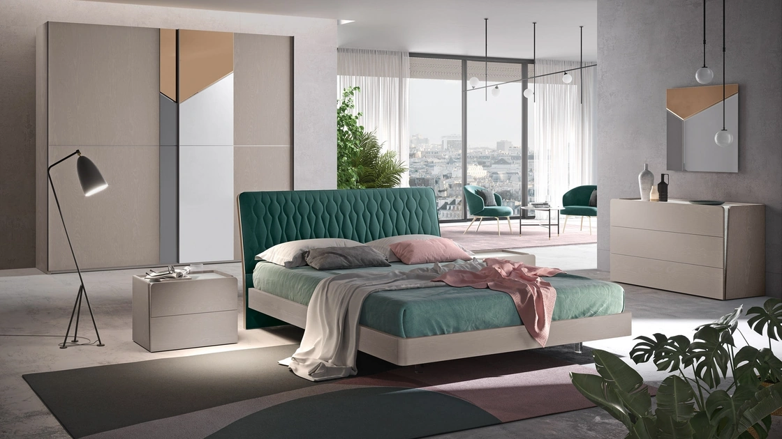 Letto con testiera in tessuto trapuntato e giroletto in materico effetto legno Composizione 25 di Corso 11