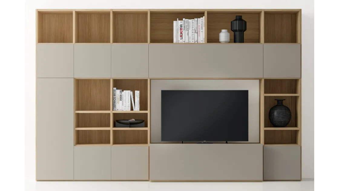 Libreria in laccato opaco e finitura Matwood Honey con vano porta TV Pratico Composizione PTG319 di SantaLucia