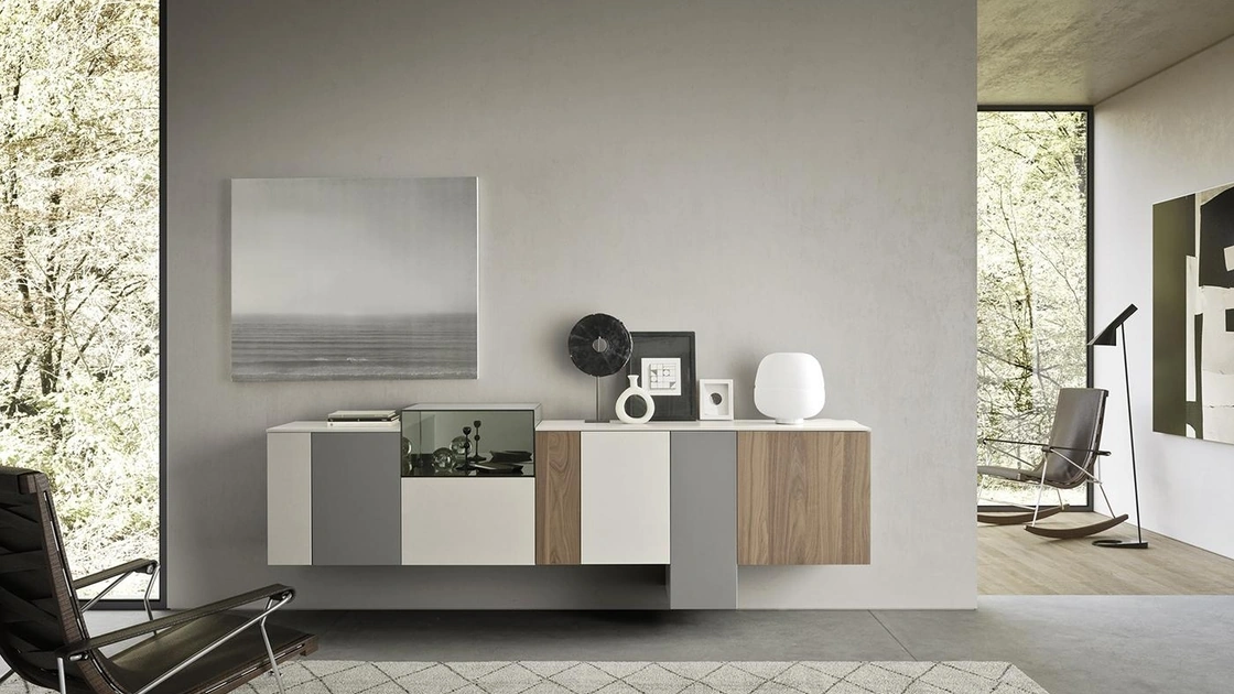 Madia sospesa Horizon Tetris 960 in laccato opaco e legno di Mobilgam