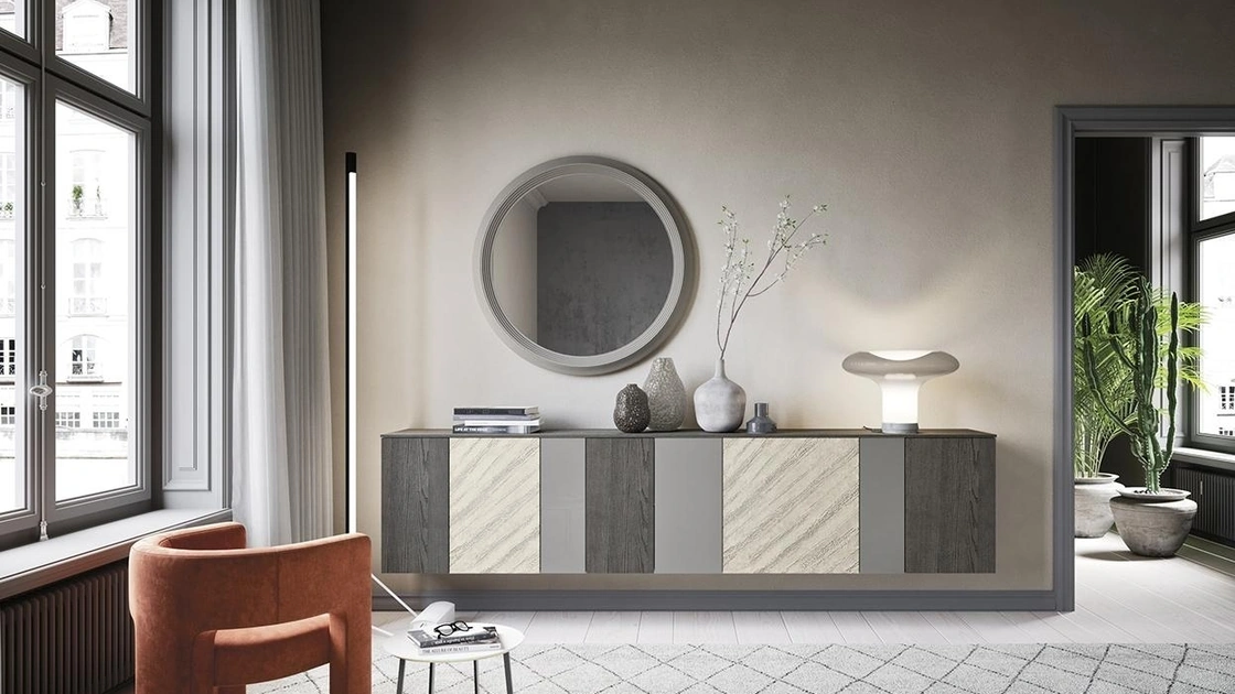 Madia Horizon Tetris 955 in frassino tinto grigio, laccato cenere lucido e spatolato caffè di Mobilgam