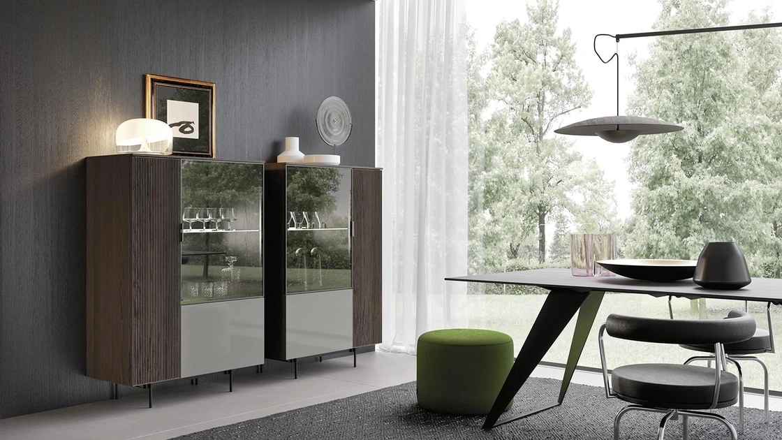 Madia Horizon Tetris 967 in vetro, laccato lucido e legno di Mobilgam