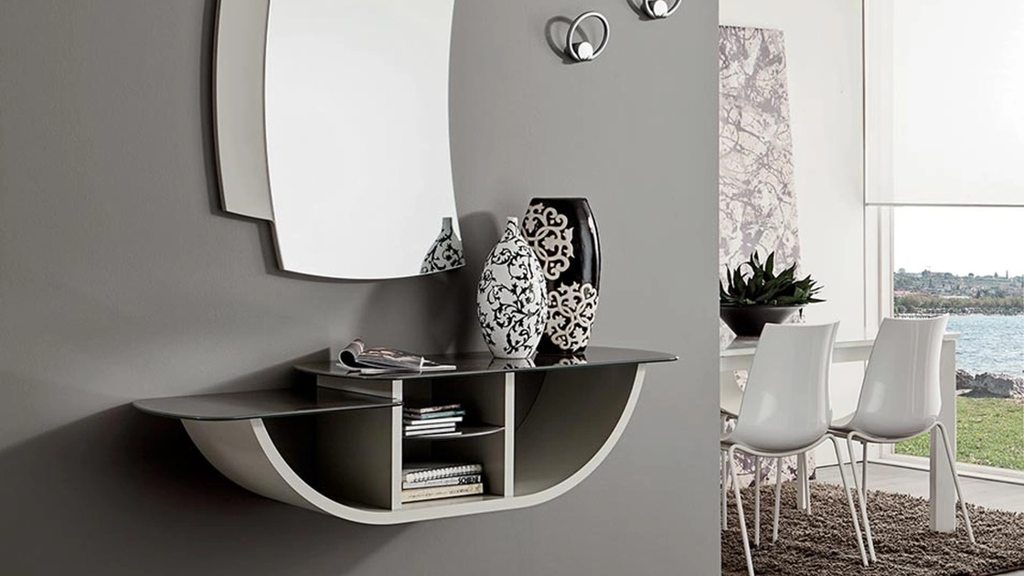 Mobile ingresso sospeso con piano in vetro e struttura in legno curvato laccato opaco Gondola di La Primavera