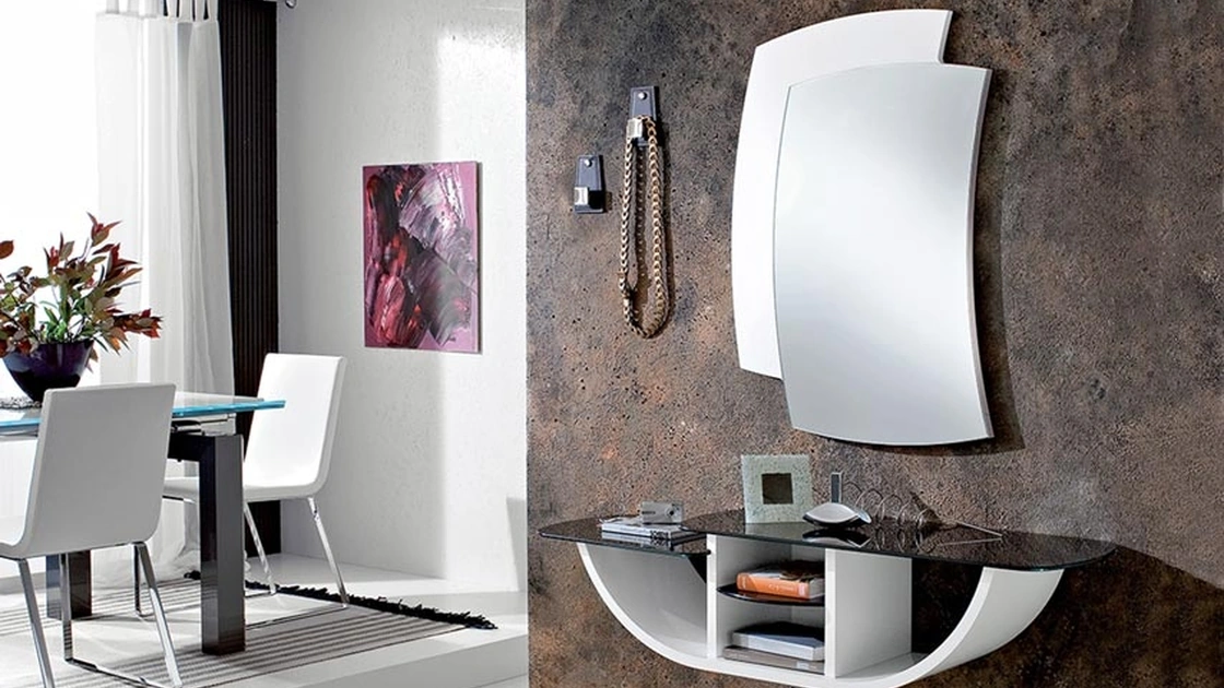 Mobile ingresso sospeso con piano in vetro e struttura in legno curvato laccato opaco Gondola di La PrimaveraMobile ingresso sospeso con piano in vetro e struttura in legno curvato laccato opaco Gondola di La Primavera