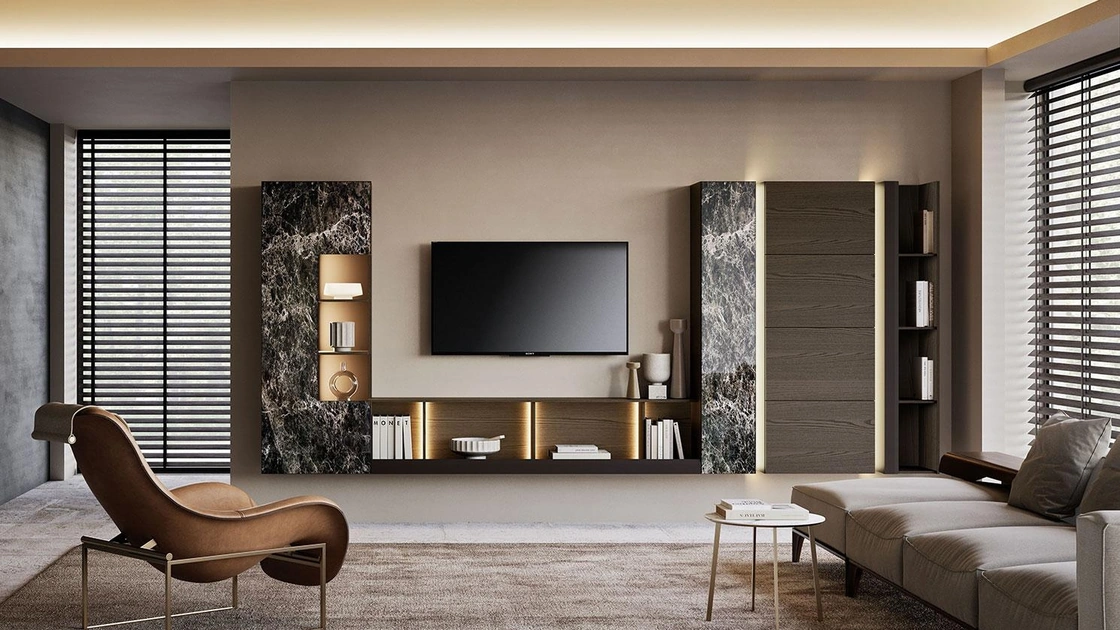 Parete Attrezzata Composizione Horizon 1001 in legno e vetro di Mobilgam