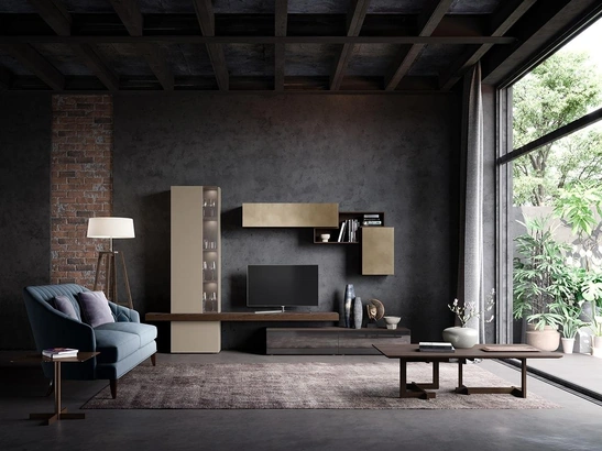 Parete Attrezzata Composizione Horizon 914 in laccato lucido, opaco e legno di Mobilgam