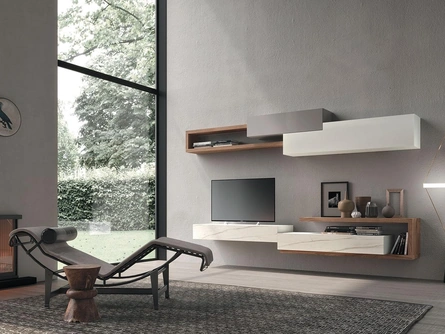 Parete Attrezzata Composizione Horizon 929 in laccato opaco, legno e laminato di Mobilgam