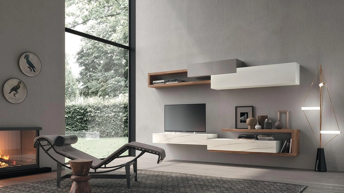 Parete Attrezzata Composizione Horizon 929 in laccato opaco, legno e laminato di Mobilgam