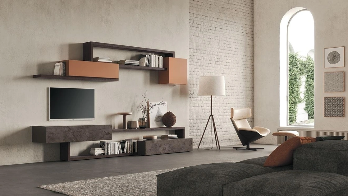 Parete Attrezzata Composizione Horizon 933 in materico e laccato opaco di Mobilgam