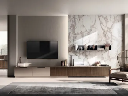 Parete Attrezzata Living Musa 01 in Rovere Pecan e laccato opaco di Scavolini