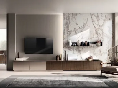 Parete Attrezzata Living Musa 01 in Rovere Pecan e laccato opaco di Scavolini