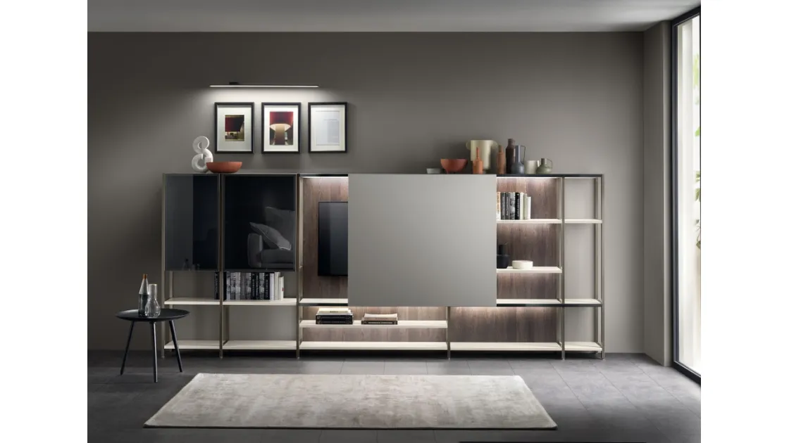 Parete Attrezzata Living Formalia 05 con Anta scorrevole in laccato Pet Pioggia di Scavolini