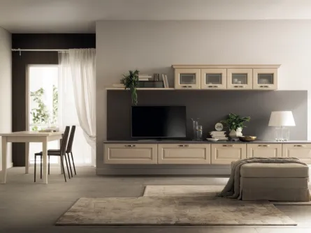 Parete Attrezzata sospesa Living Madeleine 02 in Frassino Bianco Burro di Scavolini