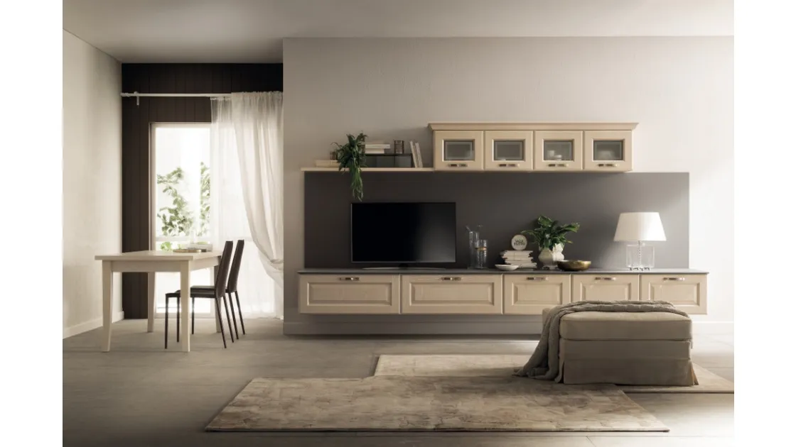 Parete Attrezzata sospesa Living Madeleine 02 in Frassino Bianco Burro di Scavolini