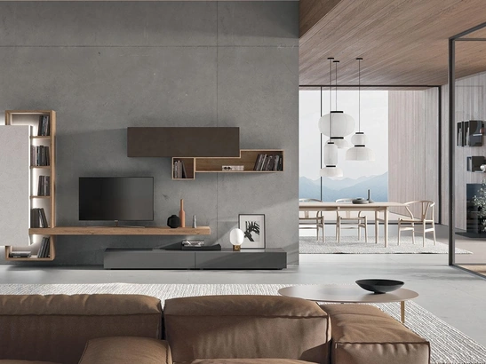 Parete Attrezzata Composizione Horizon 912 in laccato opaco, legno e materico di Mobilgam