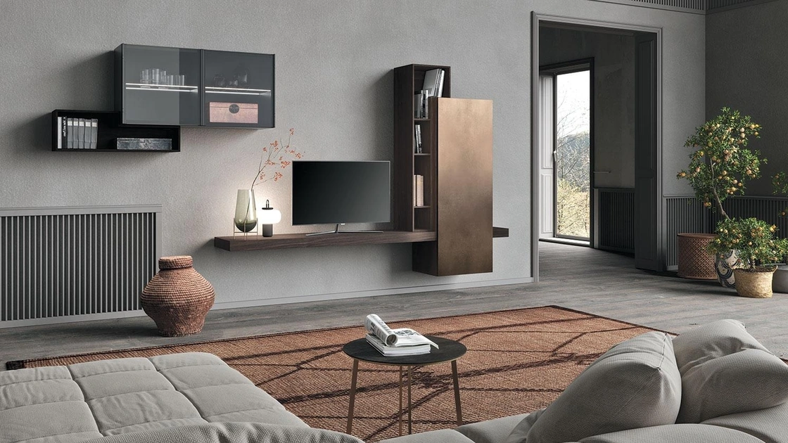 Parete Attrezzata Composizione Horizon 913 in laccato metallizzato e legno di Mobilgam