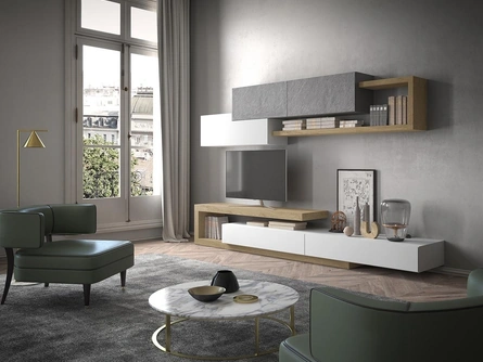 Parete Attrezzata Composizione Horizon 936 in legno, laccato opaco e pietra di Mobilgam