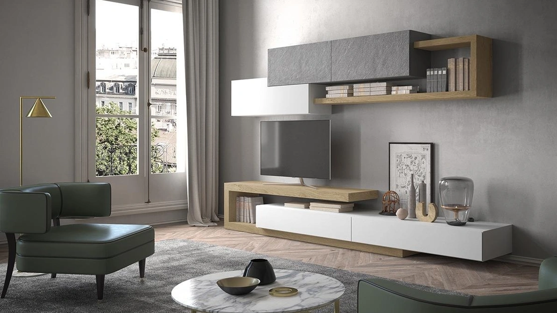 Parete Attrezzata Composizione Horizon 936 in legno, laccato opaco e pietra di Mobilgam
