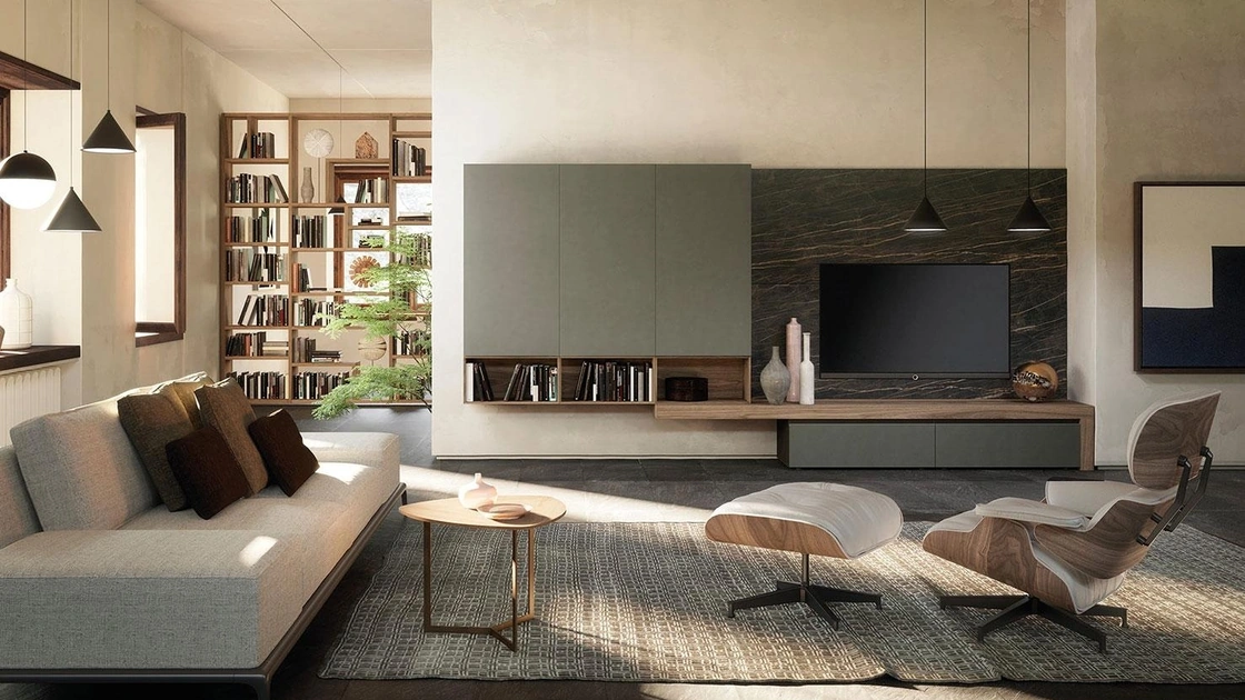 Parete Attrezzata Composizione Horizon 939 in laccato opaco, legno e laminato di Mobilgam