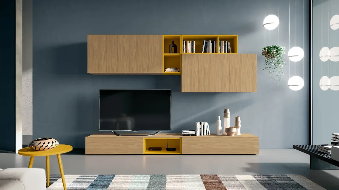 Parete Attrezzata Pratico PTG305 in melaminico e laccato opaco giallo di SantaLucia