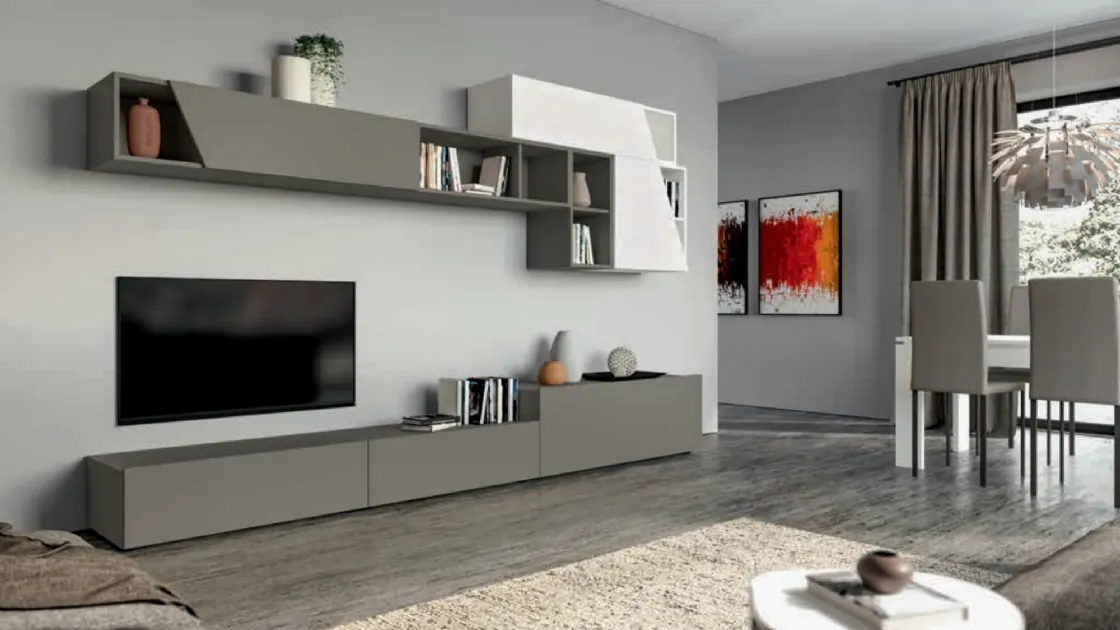 Parete Attrezzata con pensili dai tagli asimmetrici Pratico PTG306 di SantaLucia