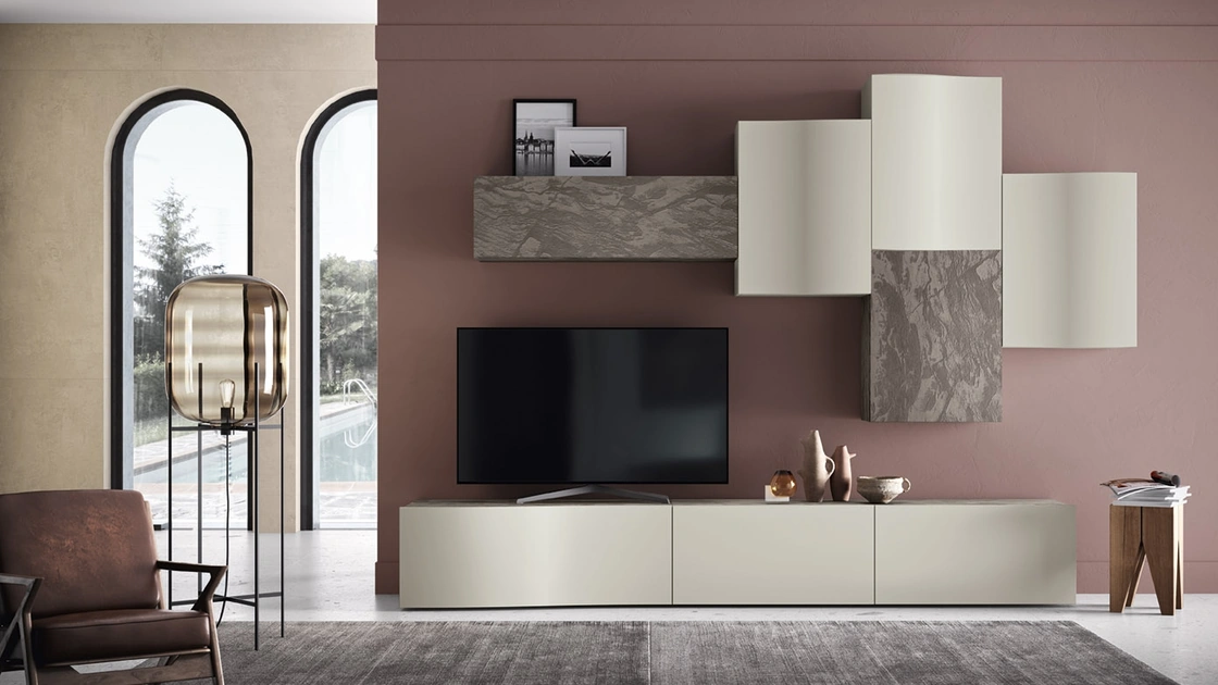 Parete Attrezzata Soggiorno 05-2 in laccato opaco e materico di Corso 11