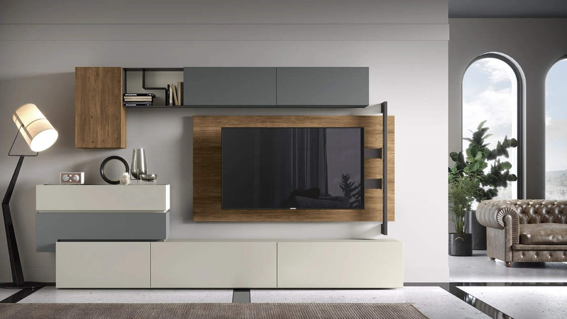 Parete Attrezzata Soggiorno 03-2 in laccato opaco e melaminico effetto legno di Corso 11