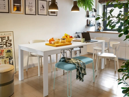 Consolle aperta Eminence allungabile con piano in nobilitato bianco e base in faggio bianco Eminence di Connubia