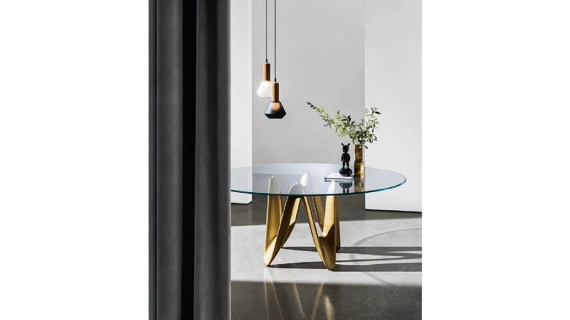 Tavolo Lambda con top in vetro e base in legno di Sovet