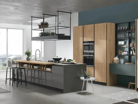 Cucina Moderna con isola in laccato lucido Ardesia e Rovere Natura Infinity 15 di Stosa