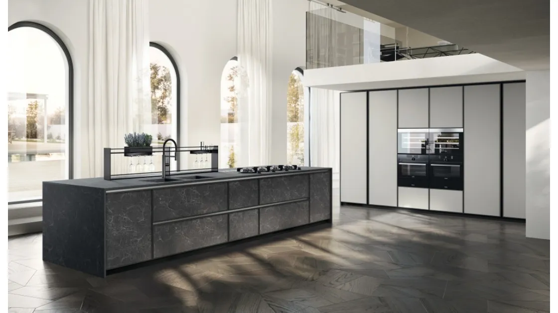 Cucina Moderna Jeometrica 06 in gres Nero Greco e Fenix Grigio Efeso di Scavolini