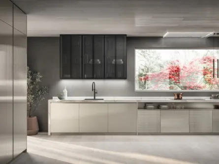 Cucina Moderna lineare Libra 03 in vetro opaco rigato e liscio Perlage di Scavolini