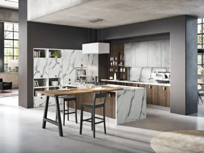 Cucina Moderna con isola Miami 42 in legno e melaminico effetto marmo di Spar
