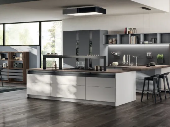 Cucina Moderna Motus 01 in laccato Grigio Airone e Grigio Vulcano di Scavolini