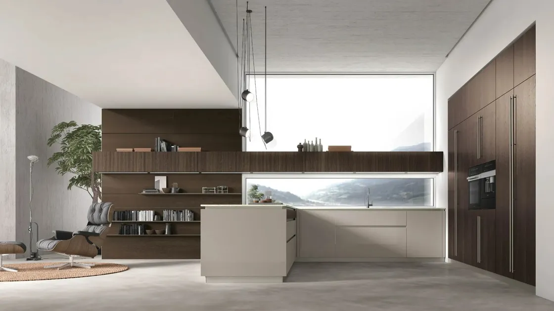 Cucina Moderna con penisola Natural 02 in laccato e Rovere di Stosa