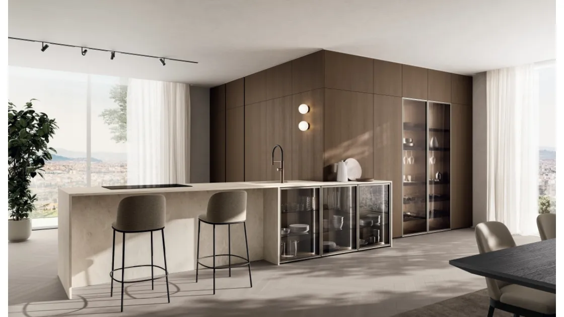 Cucina Moderna con penisola Regola 02 in melaminico e gres di Scavolini