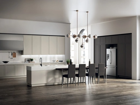 Cucina su misura con isola Carattere 10 laccato Tortora e Grigio Ferro di Scavolini