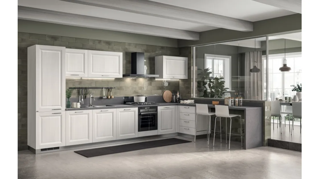 Cucina su misura angolare con penisola Family 02 in decorativo Larice Neve di Scavolini