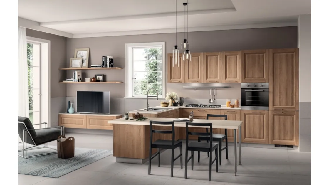 Cucina su misura con penisola Family 01 decorativo Rovere Azteco di Scavolini